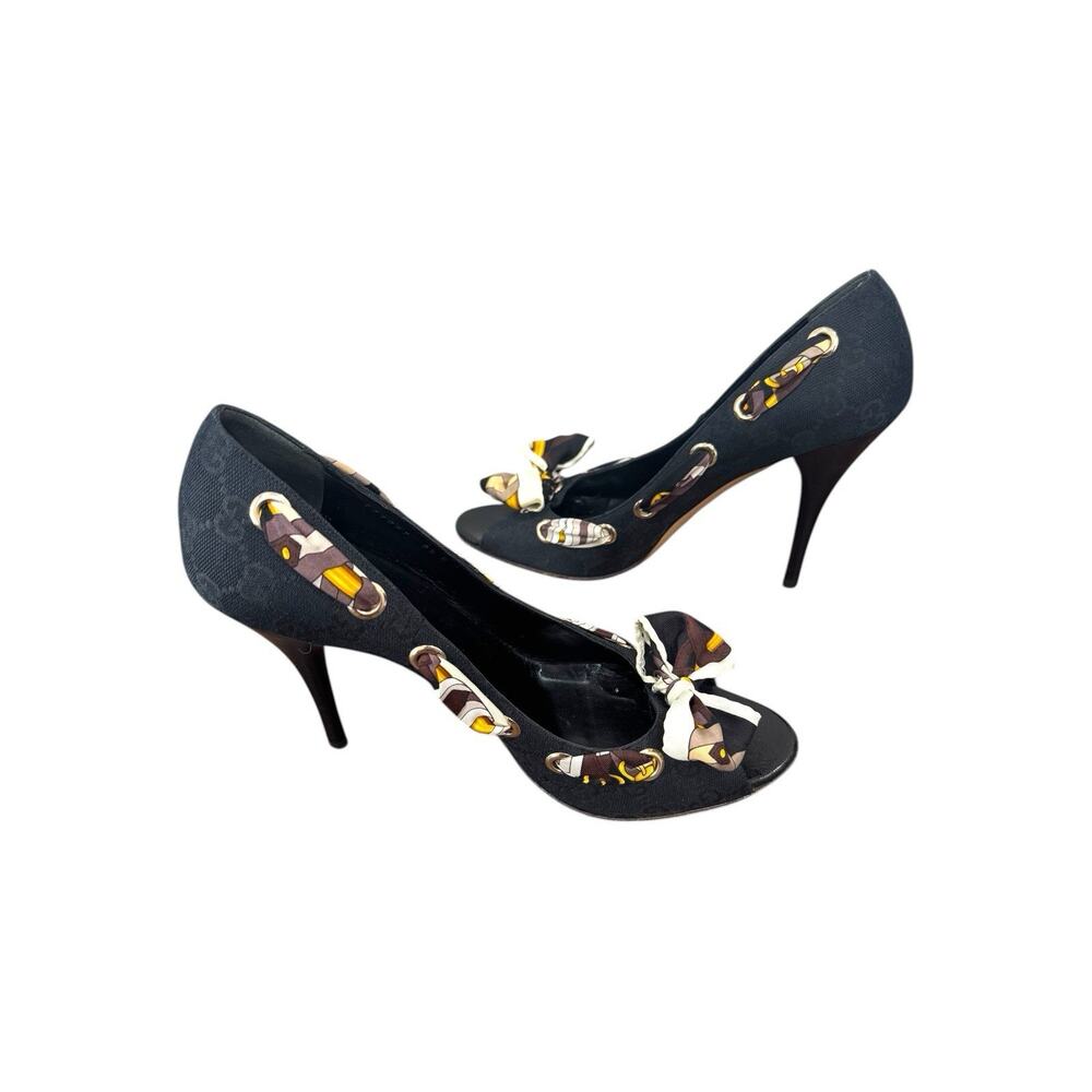 Gucci Guccissima Scarf Bow Heels Black Open Toe Pumps Ribbon Size 9.5 Luxury - Picture 5 of 14